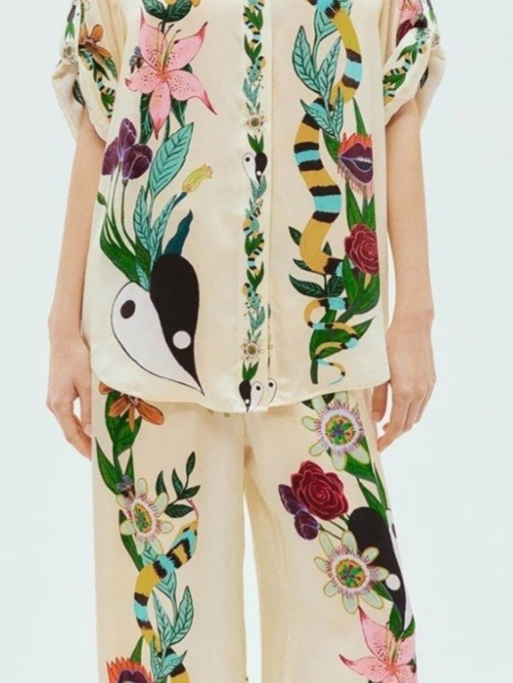 Floral Yin-Yang Wide-Leg Pants in Cream Womens Size Medium